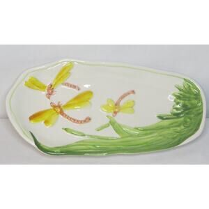 Vintage Carraro Made in Italy Celery Trinket Dish Dragonfly Oblong Yellow Green